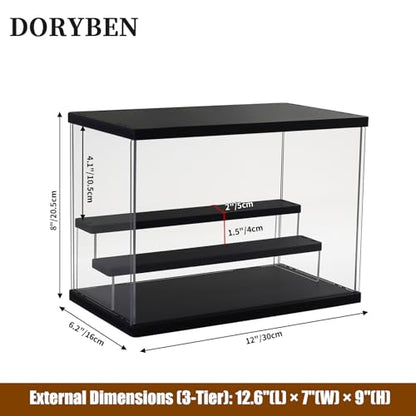Acrylic Display Case with Adjustable LED Light, 3 Tier Clear Display Box Dustproof Showcase for Action Figures, Collectibles and Mini Toys, Assembly Display Cabinet(Black 12.5×6.7×9in) - color: Black, size: 3 Tier 12.5×7×9in