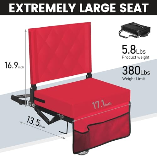 Sheenive Red Stadium Seats for Bleachers with Back Support, Padded Soft Comfy Backs and Cushion, Extremely Large and Portable - color: Red
