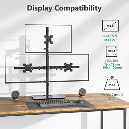 WALI Triple Monitor Stand, Height Adjustable Free-Standing Monitor Desk Mount, fits 3 Computer Screens up to 27 Inch, Holds up to 22lbs per Arm (GMF003) - size: Triple, style: Glass Free Stand