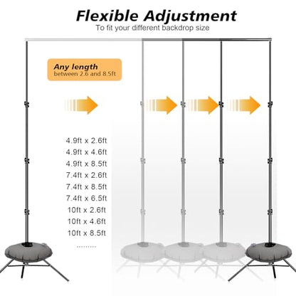 Backdrop Stand, Photo Video Studio 8.5 x10ft Adjustable Support Portable Stand Heavy Duty for Photoshoot, Parties, Projector Screen with 2 Water Bag, 6 Backdrop Clips, 6 Curtain Ring Clip