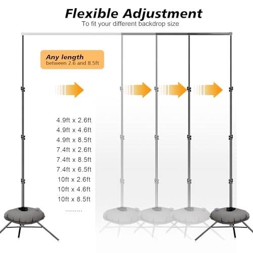 Backdrop Stand, Photo Video Studio 8.5 x10ft Adjustable Support Portable Stand Heavy Duty for Photoshoot, Parties, Projector Screen with 2 Water Bag, 6 Backdrop Clips, 6 Curtain Ring Clip