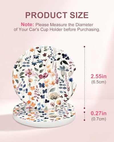 Swooflia Car Coasters for Women - Soft Tone Floral Car Cup Coasters Absorbent Cup Holder Coasters for Car 2 Pcs Ceramic Car Coasters with Cork Base Car Interior Accessories - color: Watercolor Flower