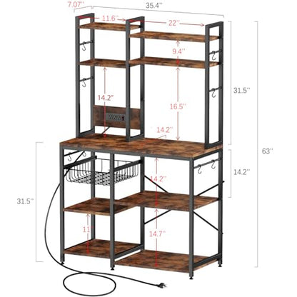 Luckyeestar Bakers Rack with Power Outlet - 6 Tier Microwave Stand with Storage, 35.4 inches Kitchen Shelf with Wire Basket and 12 S Hooks,Coffee Bar Shelf, Adjustable Feet, Rustic Brown Cabinet - size: 6-Tier 35.4 inches