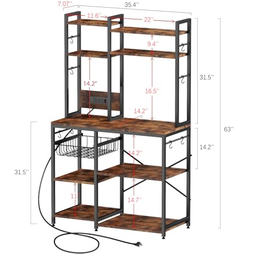 Luckyeestar Bakers Rack with Power Outlet - 6 Tier Microwave Stand with Storage, 35.4 inches Kitchen Shelf with Wire Basket and 12 S Hooks,Coffee Bar Shelf, Adjustable Feet, Rustic Brown Cabinet - size: 6-Tier 35.4 inches