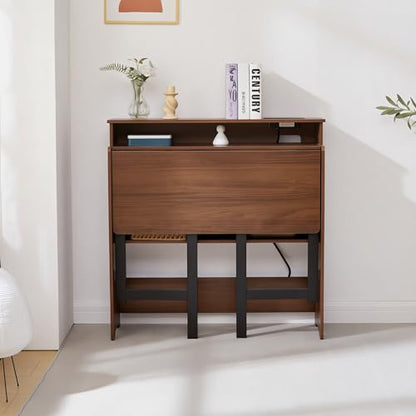 Fold Out Desk with Charging Station, Folding Desk with Monitor Stand,Storage Shelf,Small Foldable Desk for Compact Home Office Spaces - color: Walnut