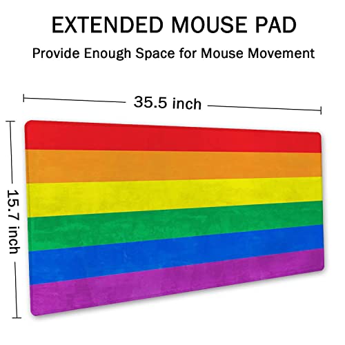 SSOIU Extended Gaming Mouse Pad (35.5x15.7 in), Large Non-Slip Rubber Base Mousepad with Stitched Edges, Waterproof Keyboard Mouse Mat Desk Pad for Work, Game, Office, Home - LGBT Colored Flag of Gay - color: Lgbt Flag