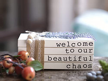 Lavender Inspired Welcome to Our Beautiful Chaos - Rustic Farmhouse Stacked Books - Set of 4 Wooden Book Bundle - Farmhouse Home Decor - Housewarming Gift - color: Welcome to Our Beautiful Chaos