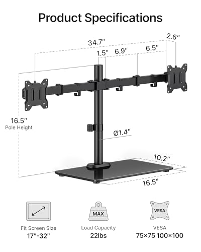 monTEK Freestanding Dual Monitor Stand with Sleek Glass Base for 17-32 inch Screens, Heavy-Duty Dual Monitor Mount Holds 22 lbs per Arm, Fully Motion Height Adjustable, VESA 75/100 MM