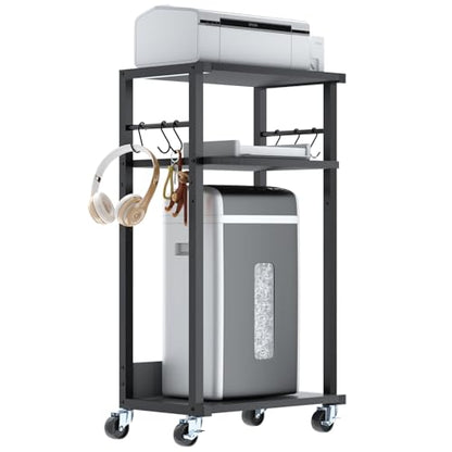 YMYNY Mobile Printer Stand, 3-Tier Printer Cart with Adjustable Storage Shelf and 6 S-Hooks, Tall Printer Table for Home Office, for Computer Tower Stand, Shredder, CPU Stand, Black, UHPT002B - color: Black-3 Tiers