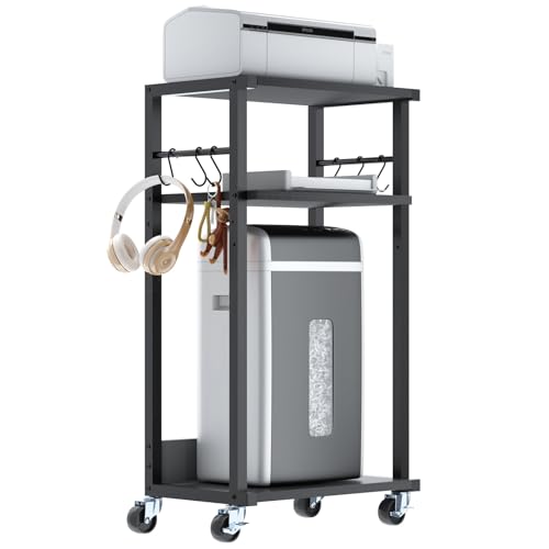 YMYNY Mobile Printer Stand, 3-Tier Printer Cart with Adjustable Storage Shelf and 6 S-Hooks, Tall Printer Table for Home Office, for Computer Tower Stand, Shredder, CPU Stand, Black, UHPT002B - color: Black-3 Tiers