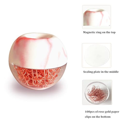 Magnetic Paper Clip Holder, Red Marble Holder with Rose Gold PaperClips 100pcs 28mm(1.1") Cute Office Supplies for Desk Organizer - color: Marblered