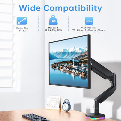 RGB Single Monitor Stand, Gas Spring Monitor Arm with 3 USB Ports, Charging and USB Data Transfer Function, Desk Mount for 13"-32" Monitors up to 19.8lbs, Adjustable Height, Tilt, Swivel, Rotate - size: RGB Single Arm