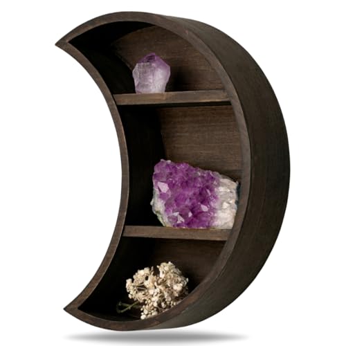 LABEND HOME Moon Shaped Shelf for Crystals - Crescent Moon Shelf Wall Mounted - Half Moon Shelf for Crystal Display, Stones, Trinkets - Reversible Boho Spiritual Décor for Bedroom - Brown Rustic Wood - color: Brown