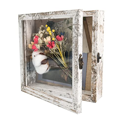 GraduationMall 8x8 Wood Shadow Box Frame Glass Door Display Case with Linen Back and 6 Stick Pins,1.5 inches Interior Depth,Ideal for Memorabilia Pictures Flowers Medals Tickets Rustic White - color: Rustic White, size: 8x8