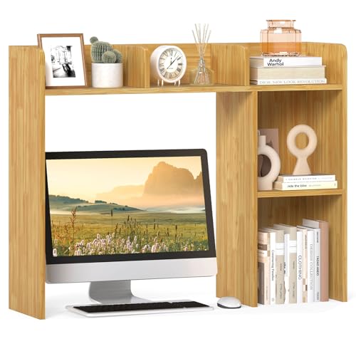 Giantex Desktop Bookshelf, Wood Desk Hutch Organizer for 27 Inch Computer Monitor, Countertop Storage Display Rack with 5 Shelves, Multipurpose Desktop Shelf Bookcase for Dorm Office Home (Burlywood) - color: Burlywood, size: 5 Shelves (29"H)
