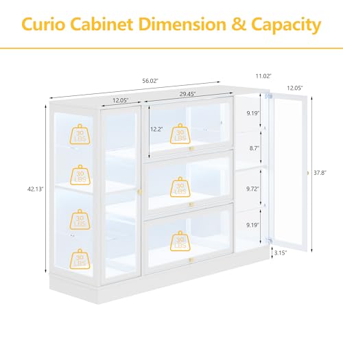 Display Cabinet with Acrylic Glass Doors,Extra Wide Curio Cabinet with LED Lighting for Collectibles, Collectibles Toy Organizers Rack & Display Shelf Display Case, White - color: White, size: 56" W x 42" H