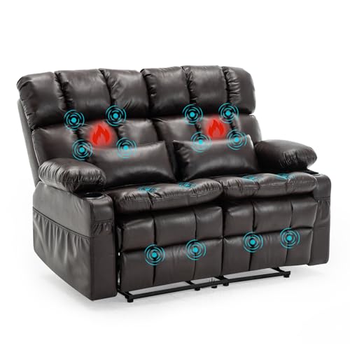 RV Loveseat Sofa with Massage & Heat,Wall Hugger Reclining Loveseat Recliner RV Couch with Cup Holders, Home Theater Seating with Front Porckets&Side Pockets, 2 Pillows, Faux Leather Brown - color: Brown, size: Loveseat