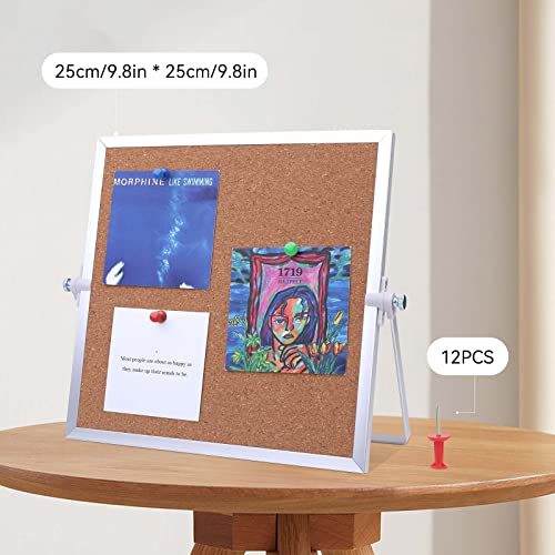 9.8"×9.8" Cork Board Bulletin Board, Double Sided Pin Board with Silver Aluminum Border, Desktop Small Cork Board with Stand Suitable for Home, Office, Desk Message Board or Picture Board - size: 9.8"×9.8"
