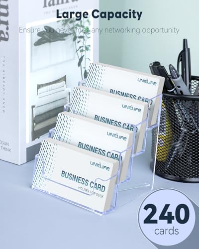 Uniclife Acrylic Business Card Holder for Desk 4 Slots Clear Business Card Display Stand for Men & Women Desktop Business Card Organizer Card Stand for Office Home Exhibition, 240 Card Capacity - color: 4 Slot, size: 1 Pack