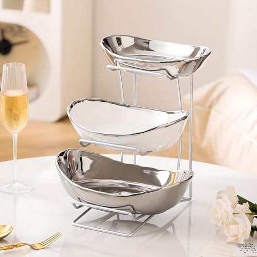 Gold Silver Fruit Bowl with Metal Stand, 3 Tier Ceramic White Fruit Bowl Fruit Rack for Kitchen Counter, Tiered Fruit Basket for Snacks Bread Candy Storage (Silver (Smooth Surface)) - color: Silver (Smooth Surface)
