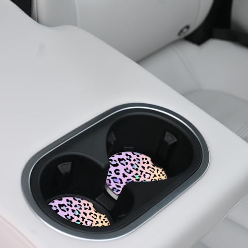 Cute Gradient Leopard Ceramic Cup Holders Car Coasters Set for Women/Men,Drink Cup Car Holder Coasters with A Finger Notch 2.56" Pack of 2 - color: Gradient Leopard