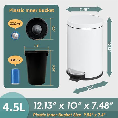 SunnyPoint 4.5 Liter(1.2 Gallon) Small Round Trash Can with Plastic Inner Bucket; Bathroom, Office, Kitchen and Bedroom Step On and Slow Close (WHT) - color: WHT, size: Small