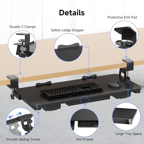 XINLEI Keyboard Tray Under Desk with Storage Drawer Large C-Clamp 26.7”(31” Including Clamps) x 11.8” Slide-Out Platform Computer Drawer Pull Out Keyboard & Mouse Tray DSF7CT - style: with Drawer