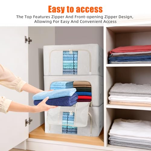 Foldable Clothes Storage Bins with Solid core powder-coated steel fram, 24/ 66L Storage Bags Fabric Box Organizer with Clear Window Zippers Sturdy Handles 2 Pack (Beige, 24L 2Pack) - size: 24L 2Pack