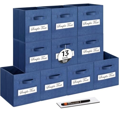 13x13x13 storage cube bins (Set of 10) Fabric storage cubes with 10 Labels Window Cards & a Pen, storage cubes 13x13, Collapsible 13 inch cube storage bins, Cubby Organizer Boxes, Navy Blue - color: Navy Blue, size: 13"