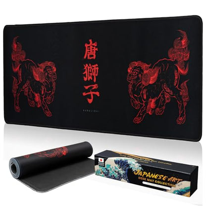 BELLEMOND Japanese Art Desk Mat | Large 31.5x11.8in Anime Mouse Pad for Keyboard & Mouse | Non-Slip Base, Water-Repellent | Original Japanese Design | Kara-jishi - Twin Lions - color: Kara-jishi - Twin Lions