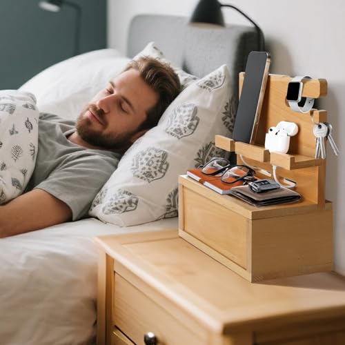 Beechwood Nightstand Organizer with Cable Management Box - Phone Docking Station Gifts for Him Men Boyfriend Husband Birthday Anniversary, Light Yellow