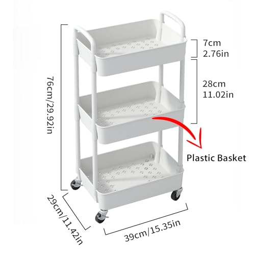 Sywhitta 3-Tier Plastic Rolling Utility Cart with Handle, Multi-Functional Storage Trolley for Office, Living Room, Kitchen, Movable Storage Organizer with Wheels, White - color: White, size: 3-tier