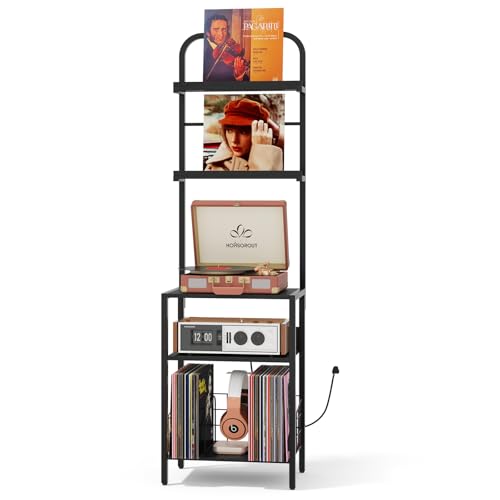 Homsorout Record Player Stand with Vinyl Storage - 5-Tier Turntable Table with Power Outlet, Adjustable Feet, Metal & Wood Cabinet - Console Organizer Display Shelf for Living Room, Apartment - style: Black With Socket