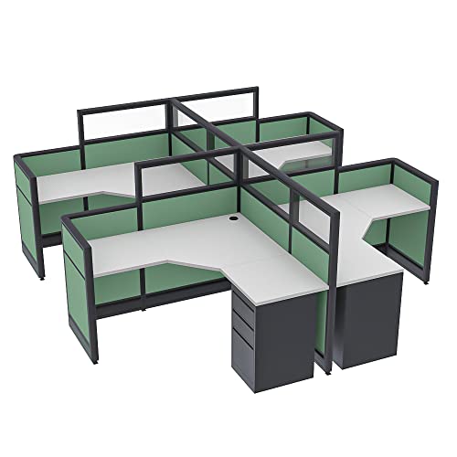 SKUTCHI DESIGNS INC. Modern 4 Person Cubicles | L-Shaped Workstations with Storage | Emerald Collection | Social Distancing | 5x5x52-39 H | Light Gray - color: Light Gray