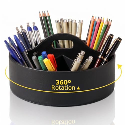 360° Rotating Leather Desk Storage Organizer with 6 Slots and Handle Extra-large Pen Holder Spinning Pencil Storage Lazy Susan Organizer Office Desk Supplies Marker, Art Supply(Black) - color: Black