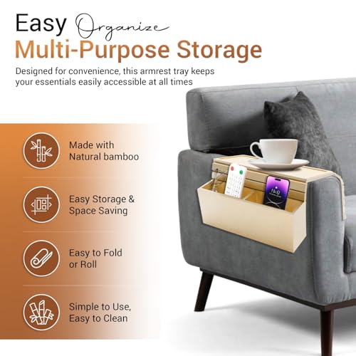 Couch Arm Tray - Bamboo Couch Table Armrest with Side Storage Pockets - Anti-Slip Multifunctional Sofa Snack Organizer for Drinks, Phone, Remote, and More (Natural)