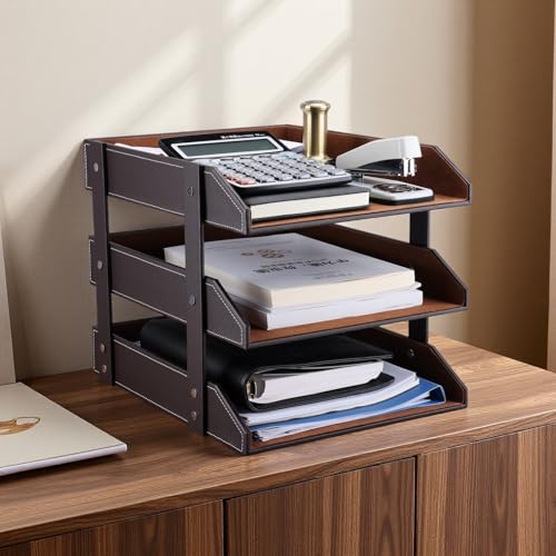 KINGFOM Letter Tray, Leather Paper Organizer Tray, Wooden Desk File Holder, Desktop File, Stackable Magazine Holder, Mail Sorter, Great for Home or Office - 3 Level Brown - color: Brown, size: 13.8" x 10.8" x 12"