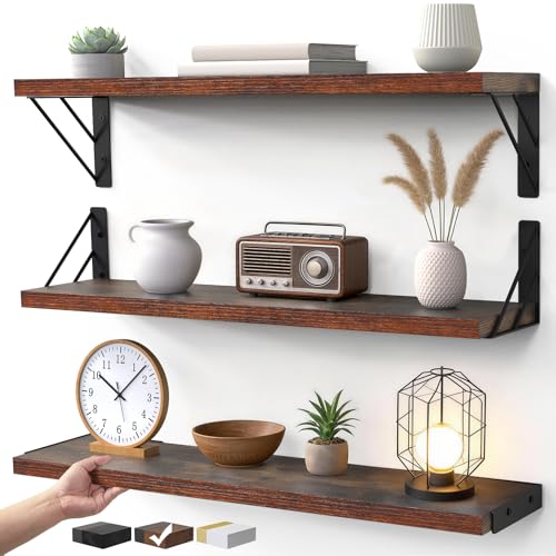 BAYKA 23-in Floating Wall Shelves, Rustic Wood Wall Shelves for Bedroom, Bathroom, Kitchen & Living Room, Display Shelf for Books, Plants & Decor (Rustic Brown) - color: C. Rustic Brown Board & Black Brackets, size: 23-inch Standard
