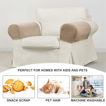Velvet Armrest Covers for Chairs and Sofas Soft Stretch Couch Arm Cover Set of 2 Non Slip Sofa Armrest Slipcover Furniture Protector for Sofa, Couch, Armchair, Recliner, Khaki - color: Khaki
