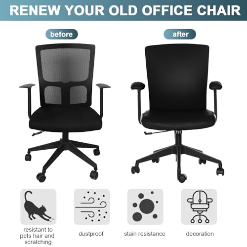 Tallew 4 Pcs Office Chair Covers PU Leather Office Desk Accessories Universal Computer Chairs Cover Stretchable Protective Chair Seat Covers Desk Armrest Cover Slipcovers Rotating Backrest (Black) - color: Black