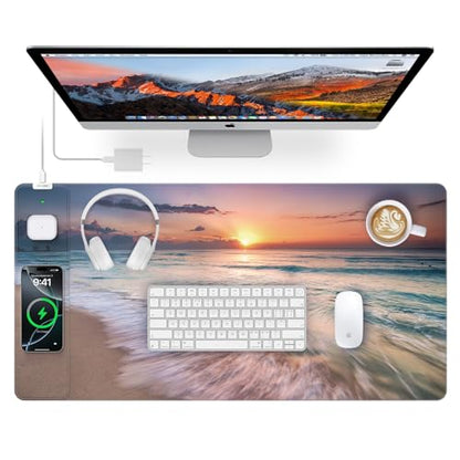 Wireless Charging Mouse Pad, 31.5"x15.8" Large Gaming Desk Mat for Keyboard/Laptop, Waterproof Ultra-Smooth Surface, Non-Slip Base, with 20W PD Adapter, Beach Sunset - color: Sunset Beach-31.5"x15.8"(with Wall Charger)