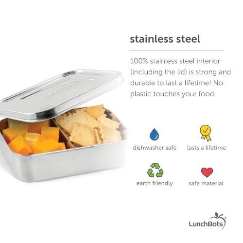 LunchBots Small Snack Packer Bento Box - Extra Small Divided Stainless Steel Snack Container - 2 Compartments for Fruits, Vegetables and Finger Foods - Dishwasher Safe – Stainless Lid - size: 2 Section