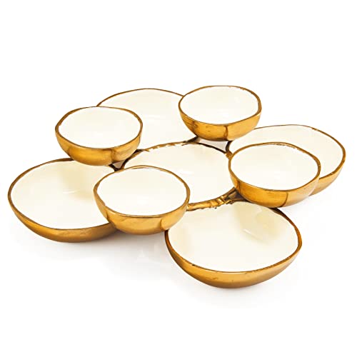 Cluster of 9 Serving Bowls, One-Piece Set, Gold White Brass Multi-Bowl Display Tray for Snacks Nuts Chips Appetizers, Modern Home Entertaining Centerpiece Dining Parties Housewarming Wedding Gifts 11" - color: Enamel White and Gold 9 Cluster 11"