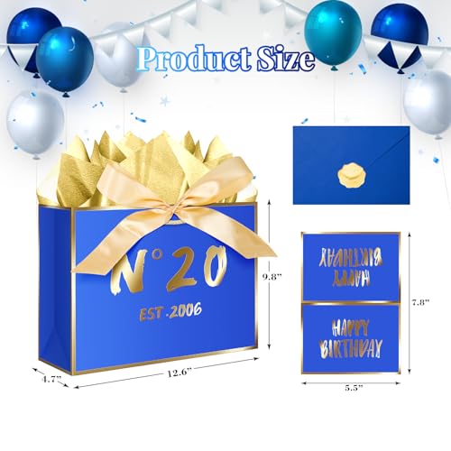 JWSCYSY 20th Blue Birthday Gift Bag with Card, Tissue Paper and Ribbon for Men Boys Birthday Party Favor, Presents Wrapping (12.6" EST 2006) - color: 20TH