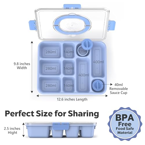Snackle Box Container for Adults with 10 Compartment, Divided Serving Tray with Lid and Handle and 2 Sauce Containers, Portable Snack Box Container for Charcuterie Party Travel, Blue - color: Light Blue