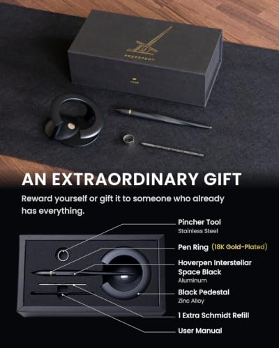 novium Hoverpen Interstellar - Space Black, Ballpoint Pen, 18K Gold-plated Pen Ring, 23.5 Degree Angle, Schmidt Ballpoint Refill, No Spills, No Spotting, No Explosions - color: Space Black, style: 18K Gold-Plated