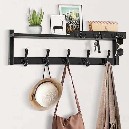 dreampossible 4 in 1 Coat Rack Wall Mount with Shelf, Coat Hooks 25.2" Entryway Coat Hanger with Key Hooks and Mail Holder, Wall Hooks with Shelf, Hat Rack for Wall Key Holder Mail Organizer - color: Black