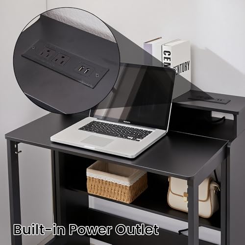 Folding Desk with Charging Station,Fold Out Desk with Monitor Stand,Storage Shelf,Small Foldable Computer Desk for Compact Home Office Spaces (Black) - color: Black