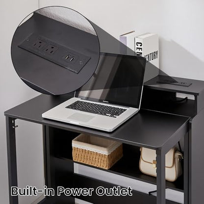 Folding Desk with Charging Station,Fold Out Desk with Monitor Stand,Storage Shelf,Small Foldable Computer Desk for Compact Home Office Spaces (Black) - color: Black