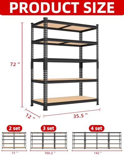 PrimeZone 35.5" x 12" x 72" Heavy Duty Storage Shelves - 5 Tier Adjustable Garage Storage Shelving, Metal Storage Utility Rack Shelf Unit for Warehouse Pantry Closet Kitchen, Black - size: 35.5"W x 12"D x 72"H